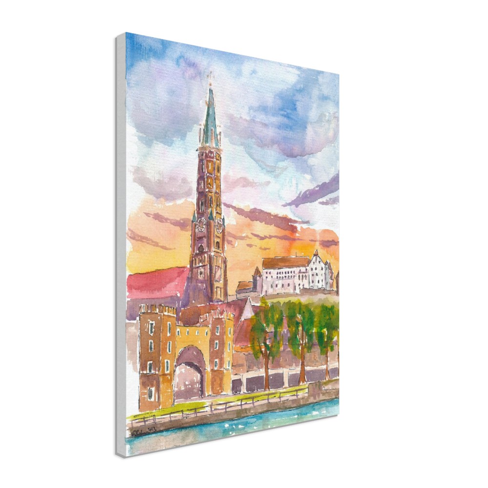 Landshut Bavaria Morning View of City Gate Church and Trausnitz - Limited Edition Fine Art Print - Original Painting available