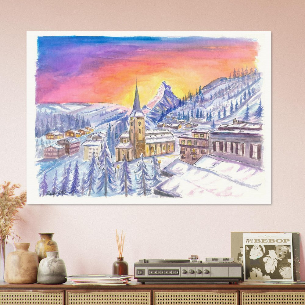 Zermatt Switzerland with Matterhorn View in Winter Dawn - Limited Edition Fine Art Print - Original Painting available