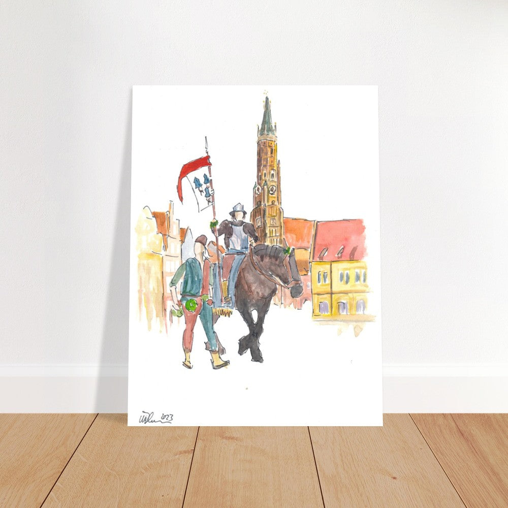 The Landshut city flag with bearer on horseback at Trinity Square - Limited Edition Fine Art Print -