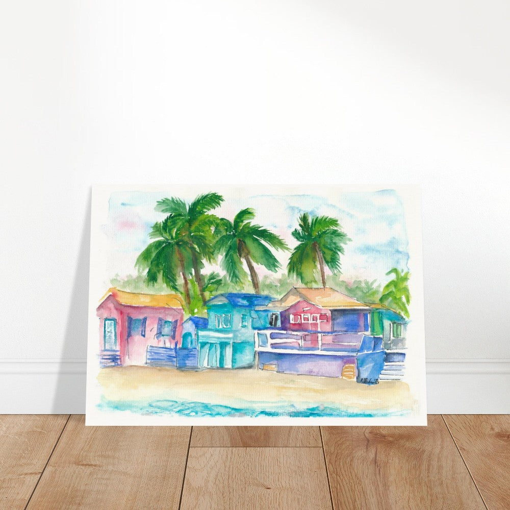 Colorful Tropical Houses at the Caribbean Dream Beach Island - Limited Edition Fine Art Print - Original Painting available