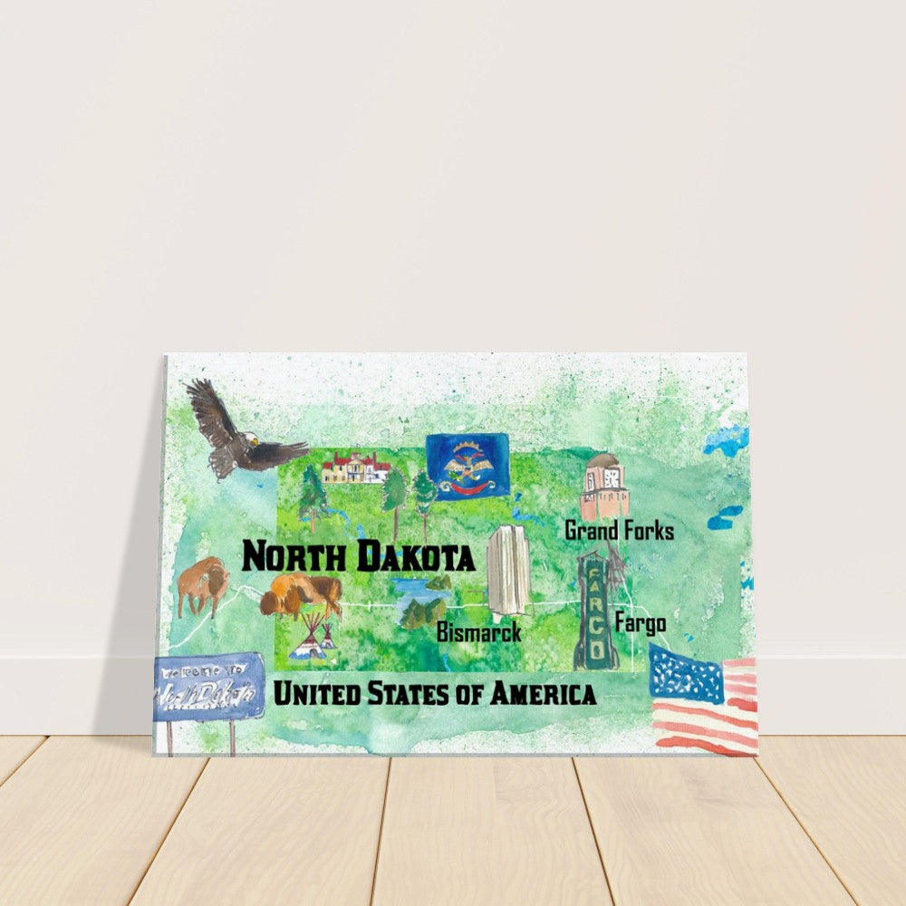 North Dakota Illustrated US State Travel Map with Highlights