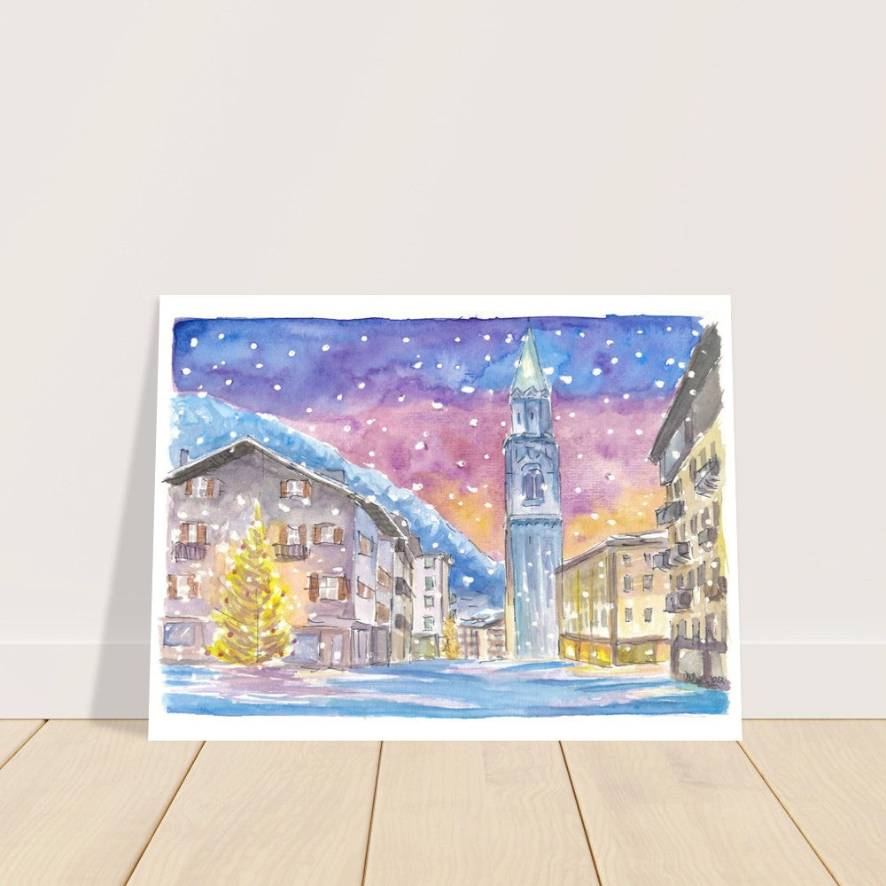 Cortina D'Ampezzo Dolomite Winter Charm in Nightly Mountains - Limited Edition Fine Art Print - Original Painting available