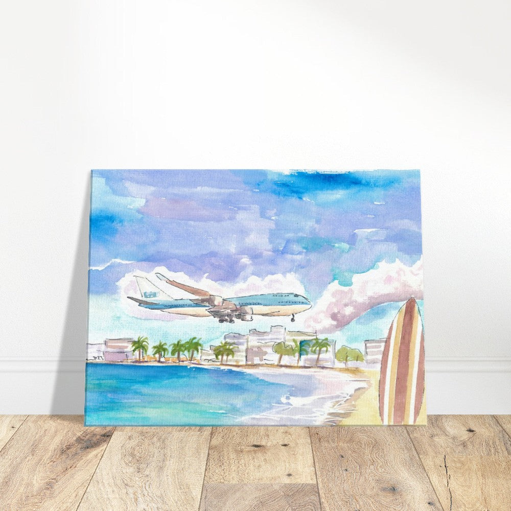 Fascinating Sint Maarten Maho Beach Scene with Plane Landing - Limited Edition Fine Art Print - Original Painting available
