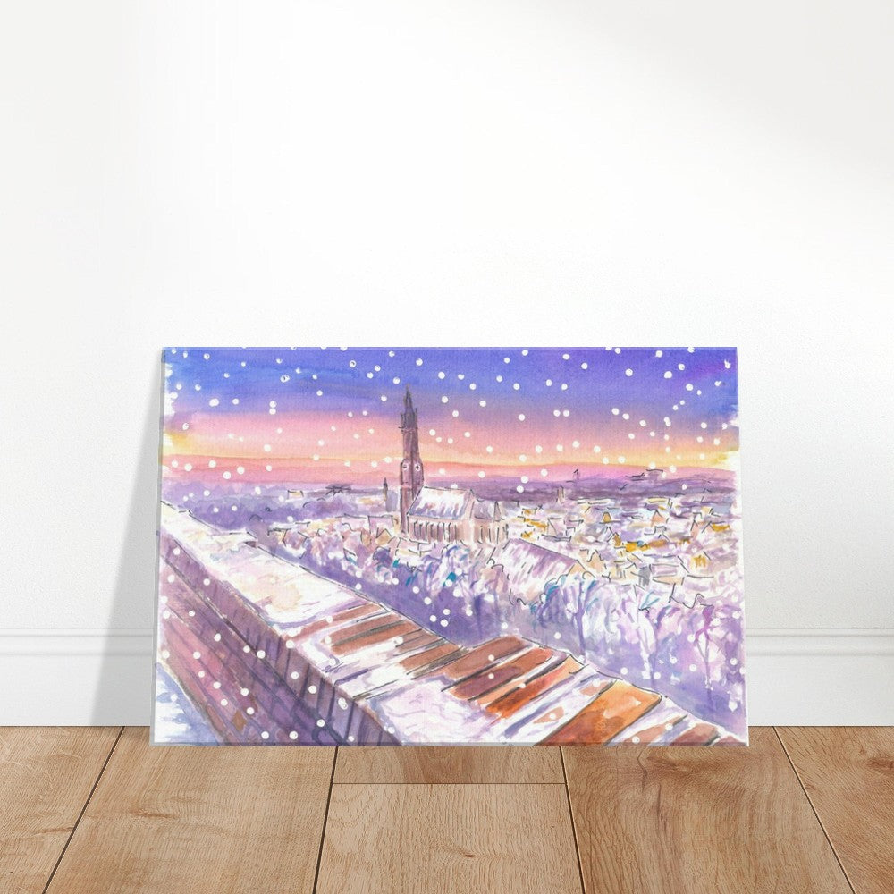 Nightly Landshut Schanzl View Snowing in Winter - Limited Edition Fine Art Print - Original Painting available