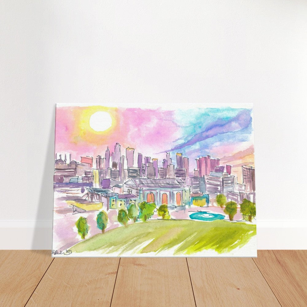 Kansas City Missouri Cityscape and Skyline in Watercolor Sunset - Limited Edition Fine Art Print - Original Painting available