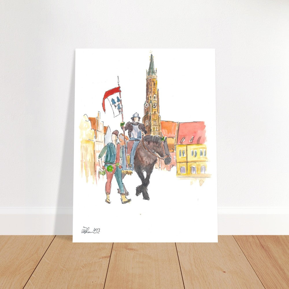 The Landshut city flag with bearer on horseback at Trinity Square - Limited Edition Fine Art Print -