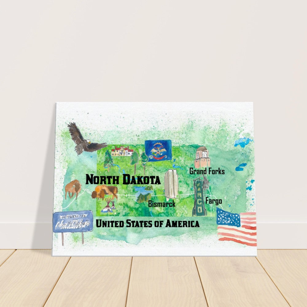 North Dakota Illustrated US State Travel Map with Highlights