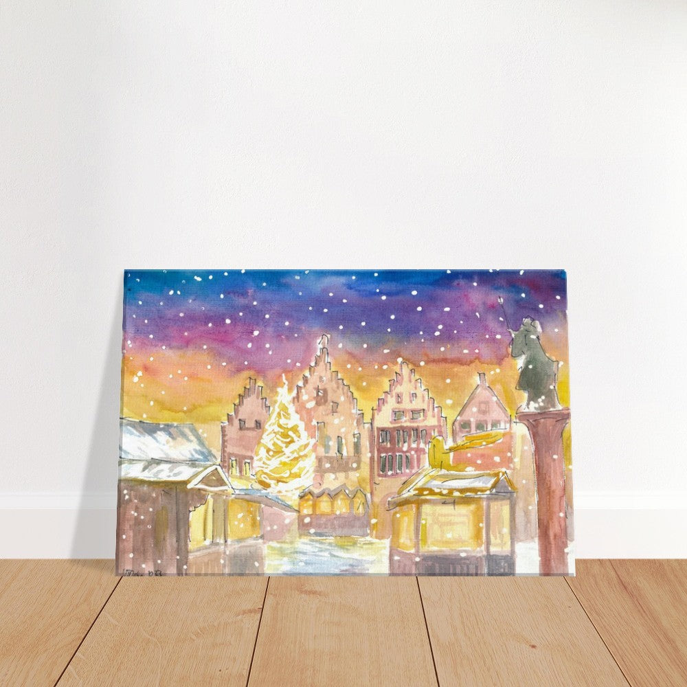 Frankfurt Germany Romantic Christmas Market at Night and Snowing - Limited Edition Fine Art Print - Original Painting available
