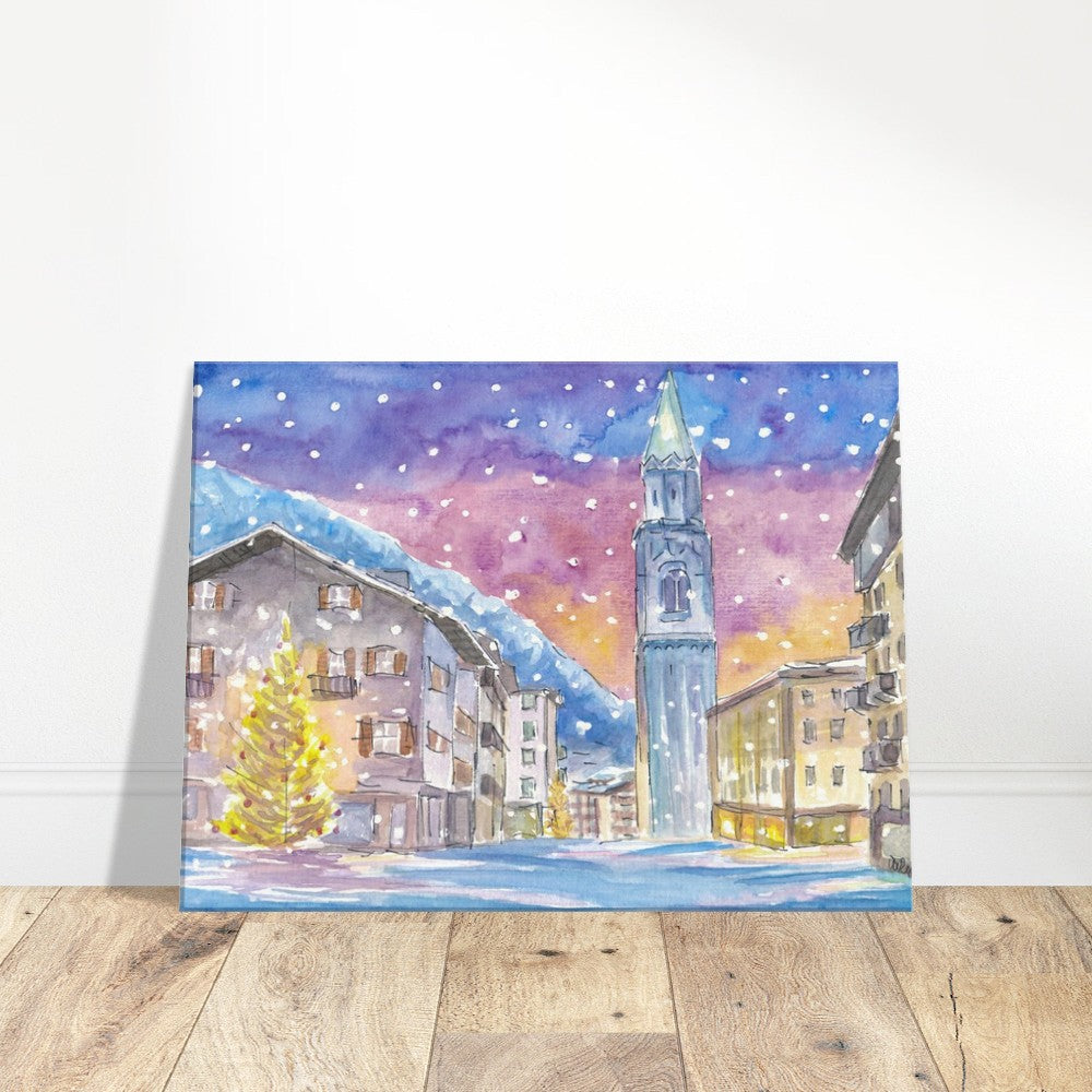 Cortina D'Ampezzo Dolomite Winter Charm in Nightly Mountains - Limited Edition Fine Art Print - Original Painting available