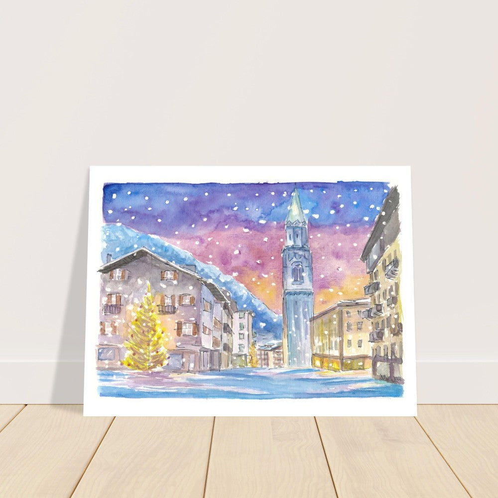 Cortina D'Ampezzo Dolomite Winter Charm in Nightly Mountains - Limited Edition Fine Art Print - Original Painting available