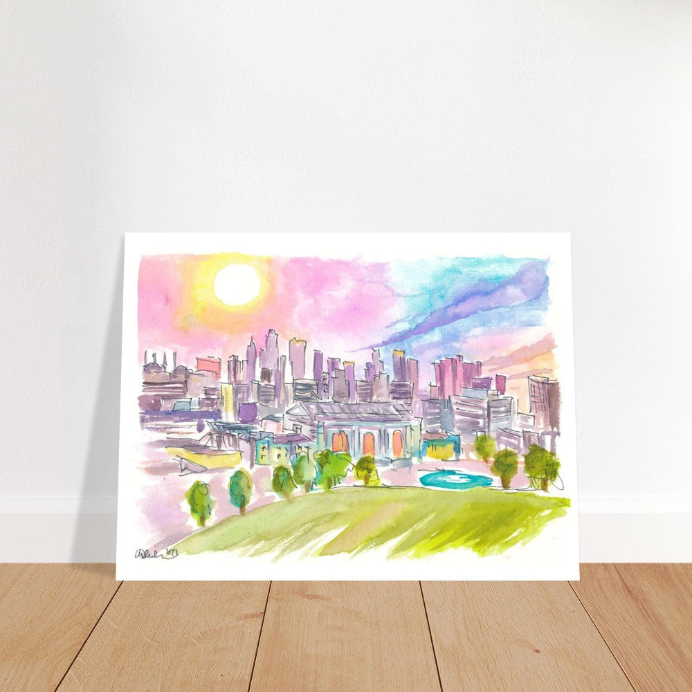 Kansas City Missouri Cityscape and Skyline in Watercolor Sunset - Limited Edition Fine Art Print - Original Painting available