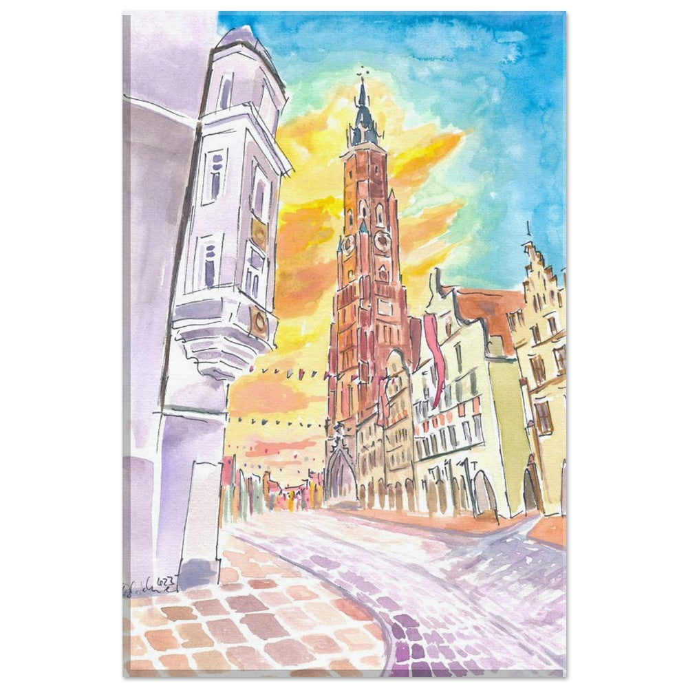 Festive Landshut Oldtown with Illuminated Clouds and Saint Martin at Sunset - Limited Edition Fine Art Print - Original Painting available