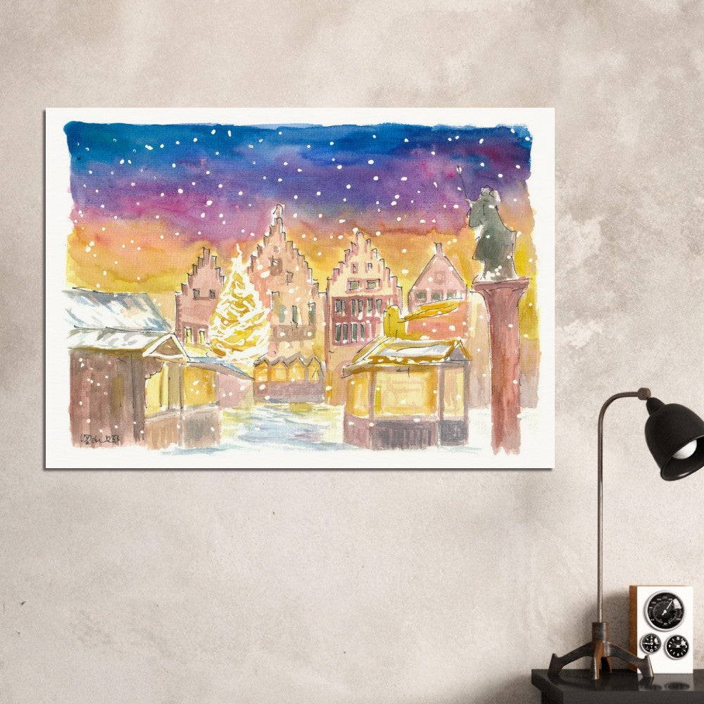 Frankfurt Germany Romantic Christmas Market at Night and Snowing - Limited Edition Fine Art Print - Original Painting available