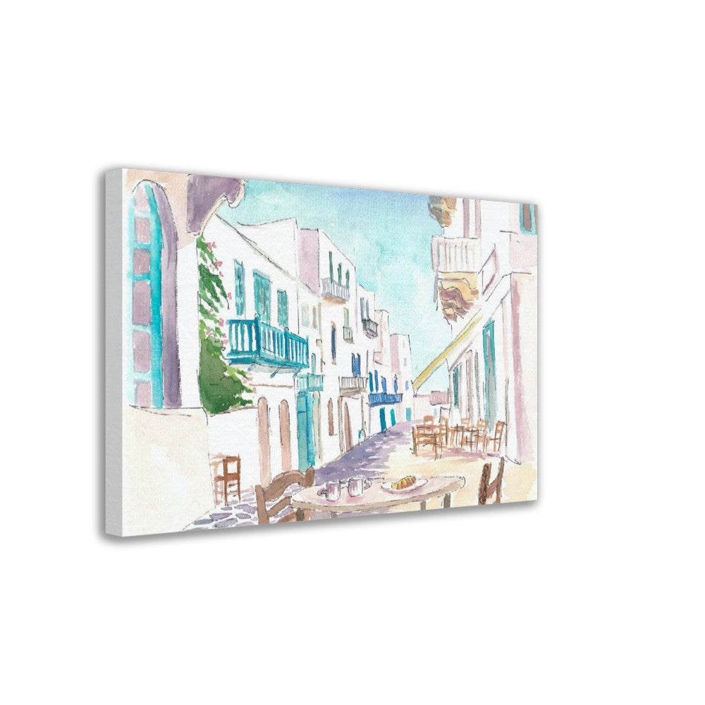 Breakfast in Mykonos in Gorgeous Town Street Scene Greece - Limited Edition Fine Art Print - Original Painting