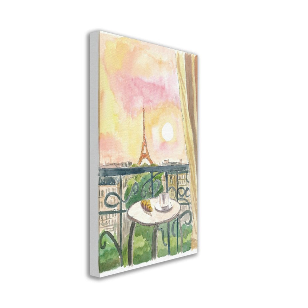 Paris France Balcony View with Croissant and Coffee - Limited Edition Fine Art Print - Original Painting available