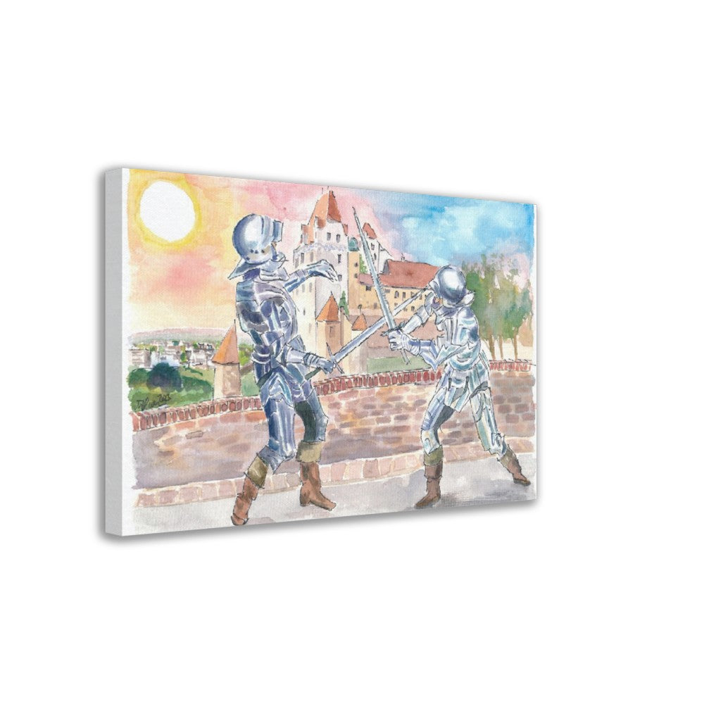 Landshut Knight Sword Fight with Medieval Trausnitz Castle at Sunset - Limited Edition Fine Art Print - Original Painting