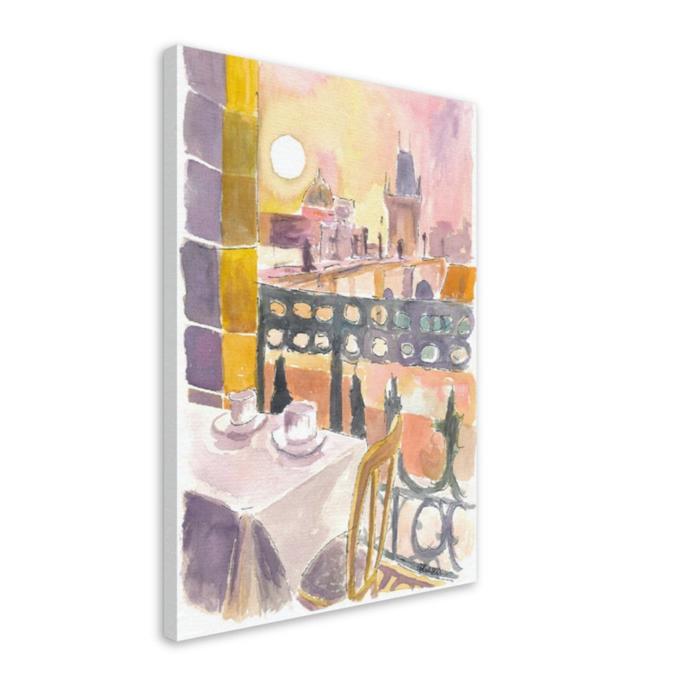 Prague Czech Republic Cafe Table with View of Karluv Most Bridge - Limited Edition Fine Art Print - Original Painting available