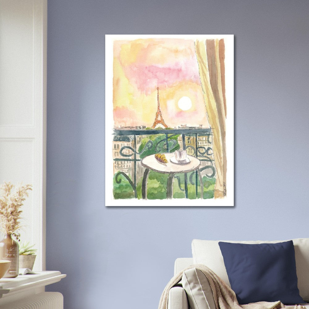 Paris France Balcony View with Croissant and Coffee - Limited Edition Fine Art Print - Original Painting available