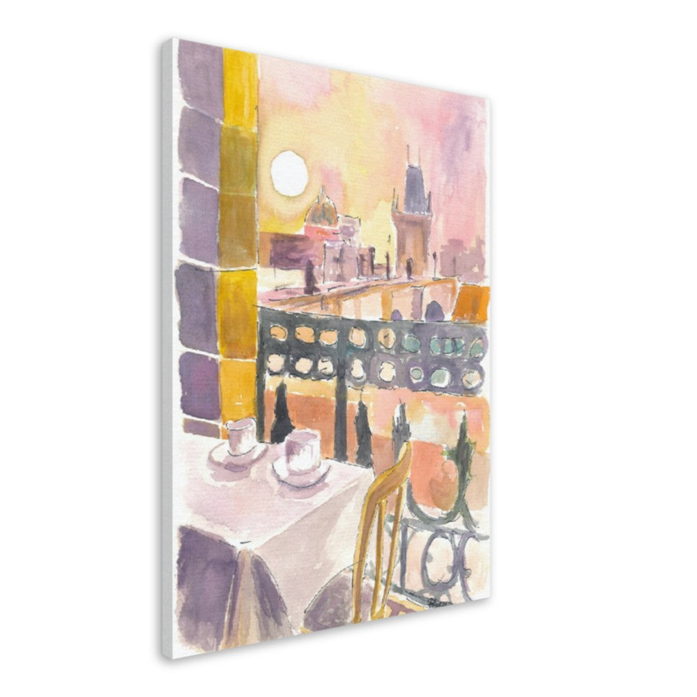 Prague Czech Republic Cafe Table with View of Karluv Most Bridge - Limited Edition Fine Art Print - Original Painting available