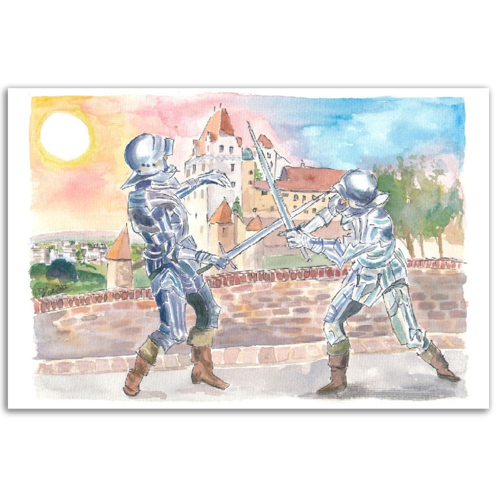 Landshut Knight Sword Fight with Medieval Trausnitz Castle at Sunset - Limited Edition Fine Art Print - Original Painting