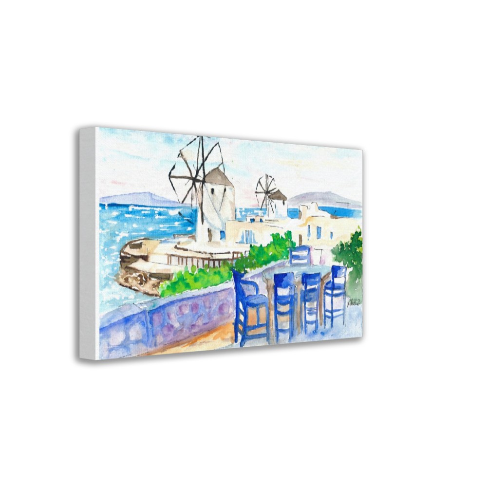 Whimsical Mykonos: A Serene Seaside View with Windmills, Azure Chairs - Limited Edition Fine Art Print - Original Painting available