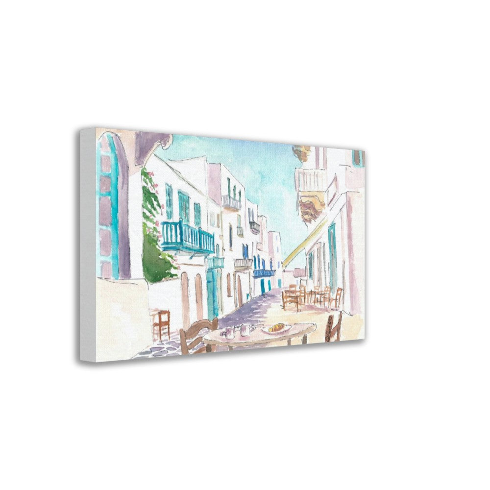 Breakfast in Mykonos in Gorgeous Town Street Scene Greece - Limited Edition Fine Art Print - Original Painting