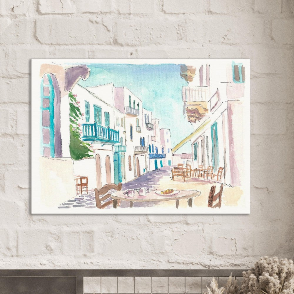 Breakfast in Mykonos in Gorgeous Town Street Scene Greece - Limited Edition Fine Art Print - Original Painting