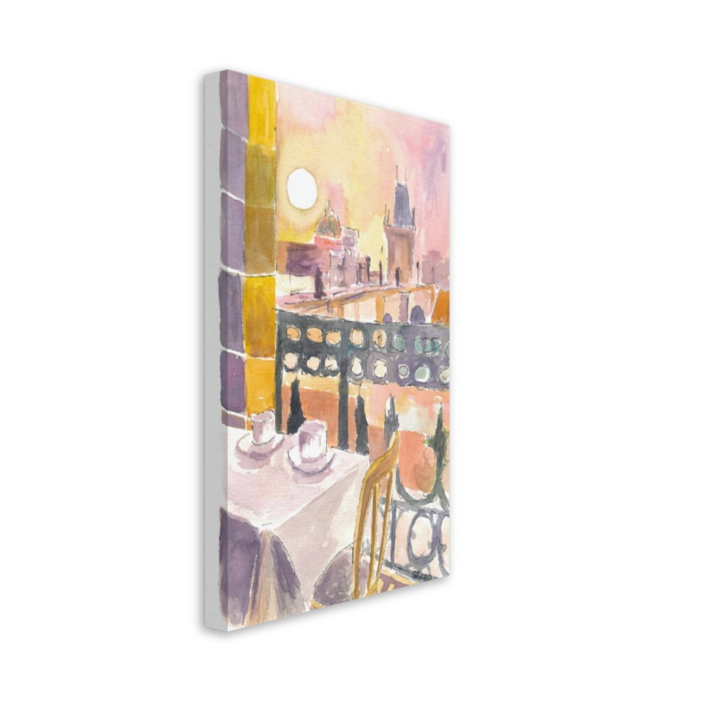 Prague Czech Republic Cafe Table with View of Karluv Most Bridge - Limited Edition Fine Art Print - Original Painting available