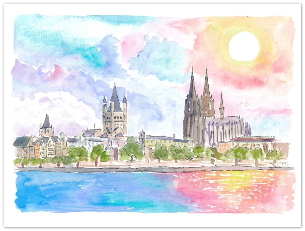 Cologne Germany Waterfront with Cathedral and Rhine - Limited Edition Fine Art Print - Original Painting available
