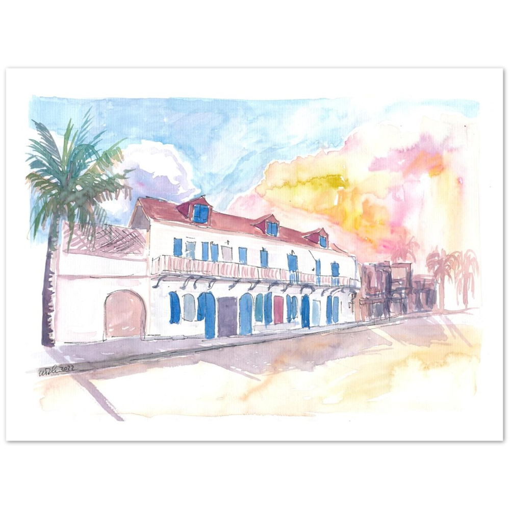 Colonial Street Scene in Marigot Saint Martin in French Caribbean - Limited Edition Fine Art Print -