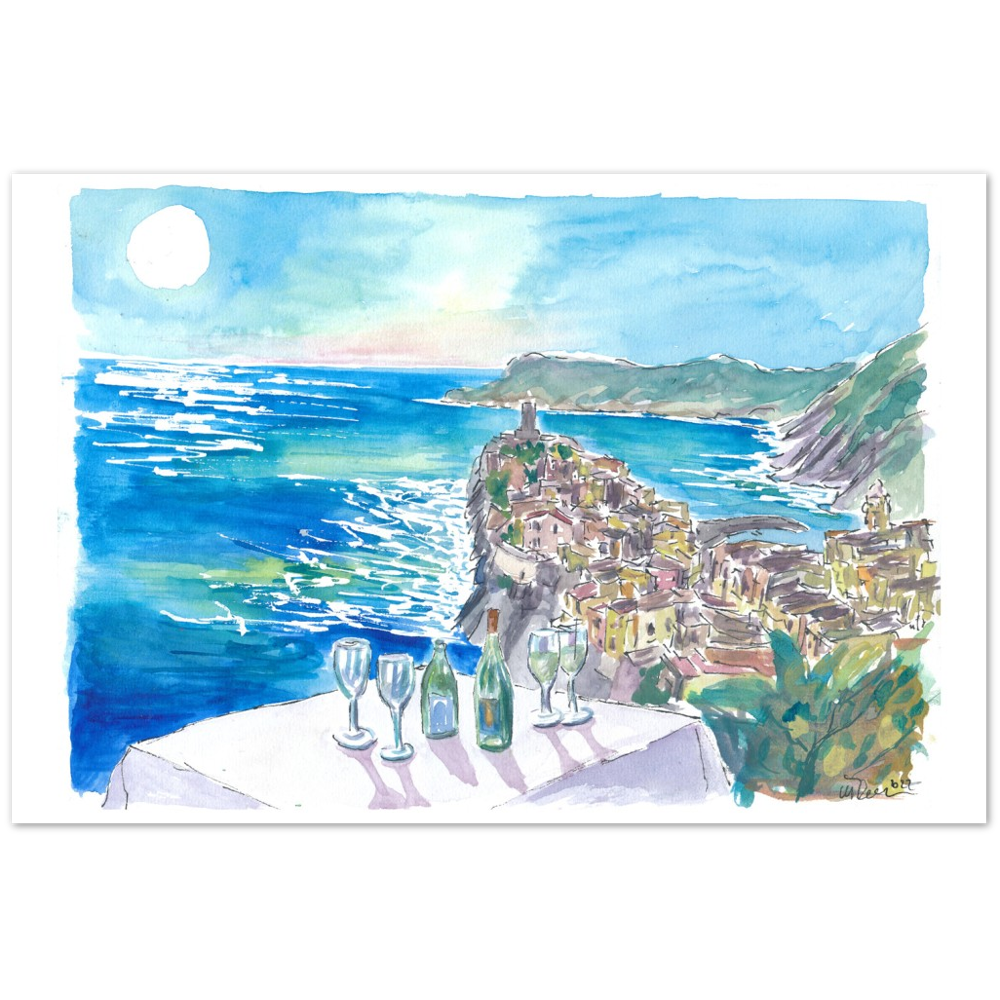 Mediterranean View from Restaurant with Wine and Vernazza Cinque Terre - Limited Edition Fine Art Print - Original Painting available