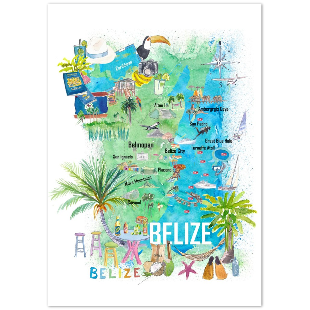 Belize Caribbean Illustrated Travel Map with Roads and Tourist Highlights