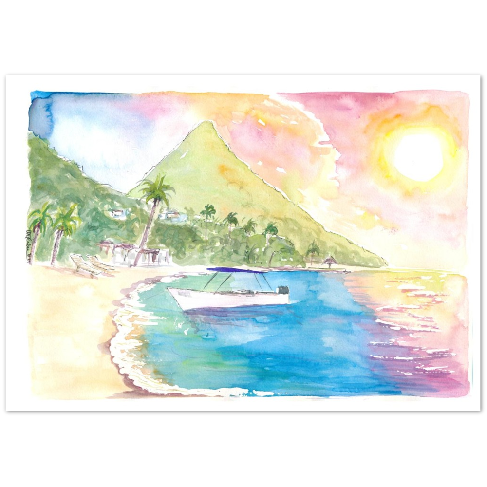 St Lucia Sunset and Amazing Piton Beach Scene