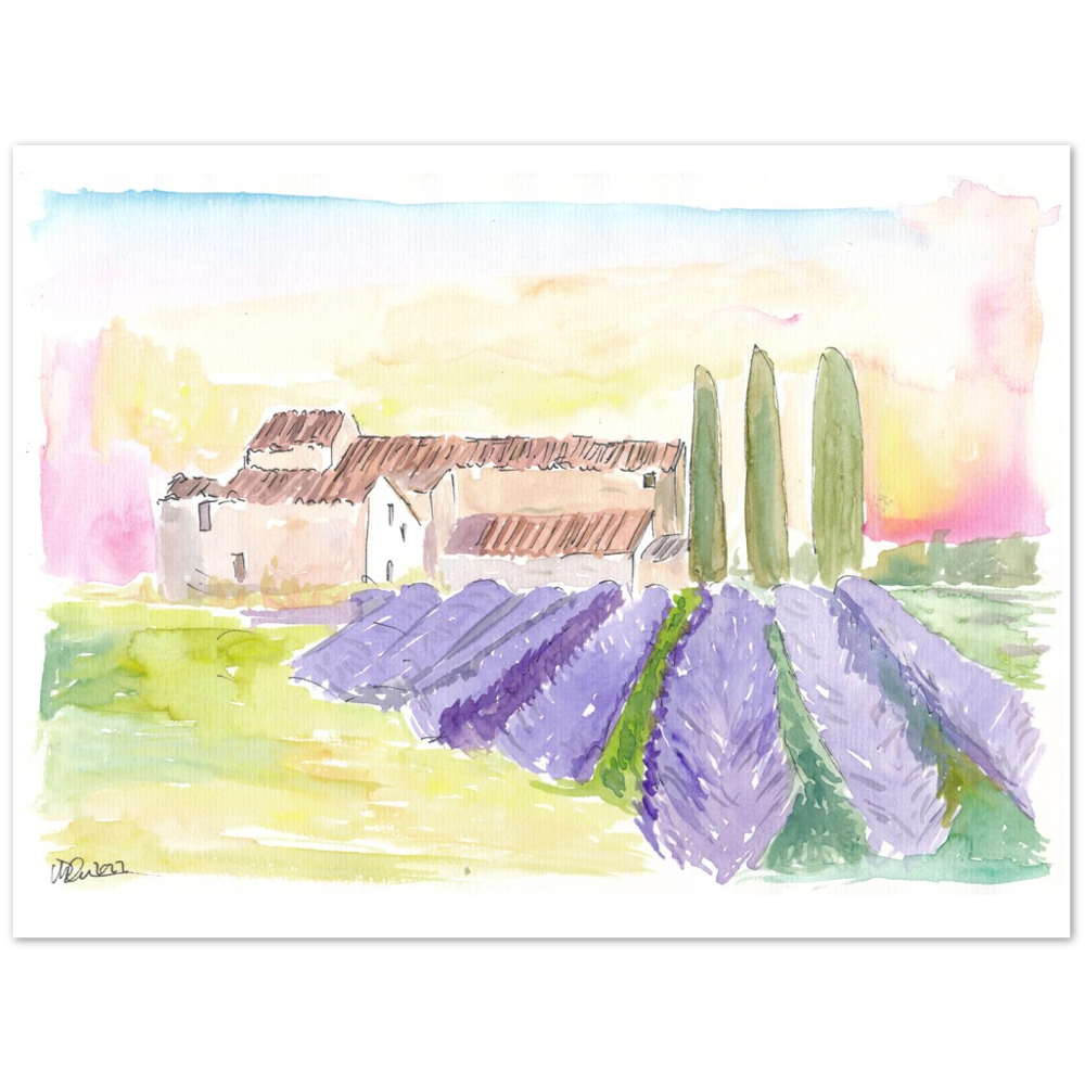 Provence Classical View of Lavender Fields and Abbey - Limited Edition Fine Art Print - Original Painting available