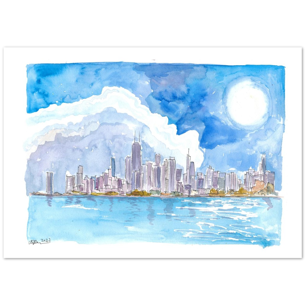 Chicago Skyline Impressions with Lake Michigan and Water Reflections - Limited Edition Fine Art Print - Original Painting available