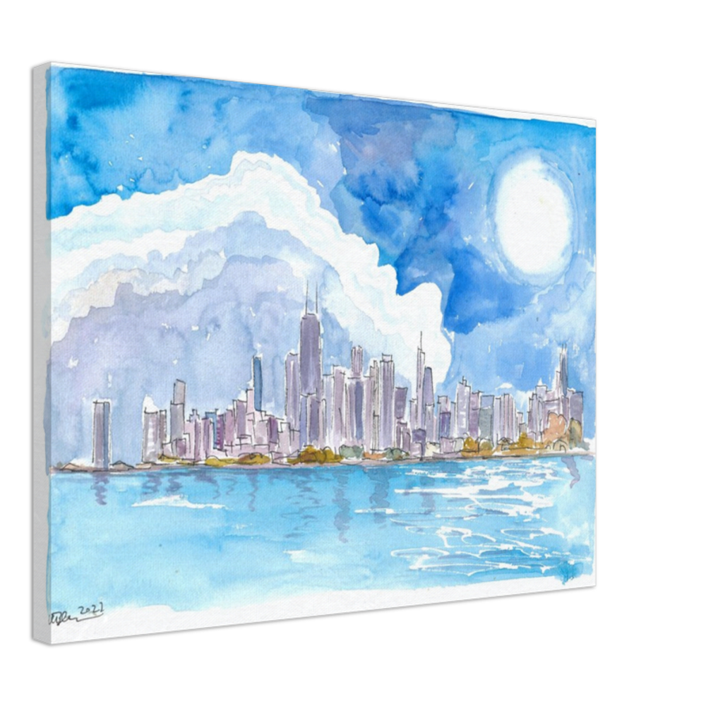 Chicago Skyline Impressions with Lake Michigan and Water Reflections - Limited Edition Fine Art Print - Original Painting available