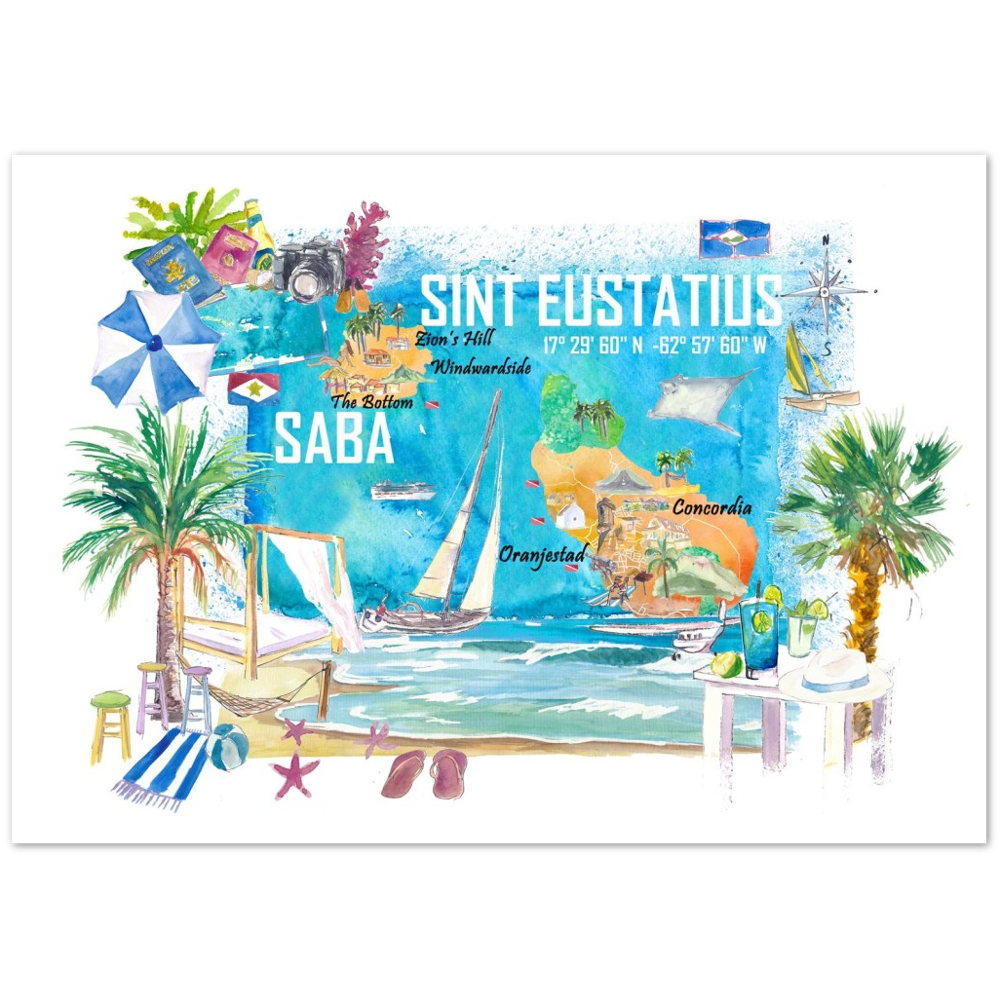 Sint Eustatius and Saba Dutch Caribbean Island Illustrated Travel Map with Tourist Highlights