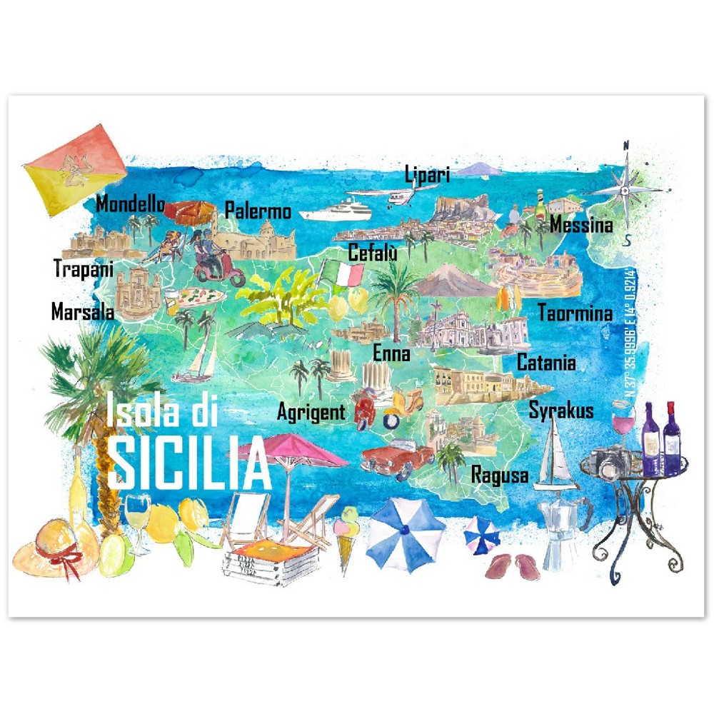 Sicily Italy Illustrated Travel Map with Roads and Tourist Highlights