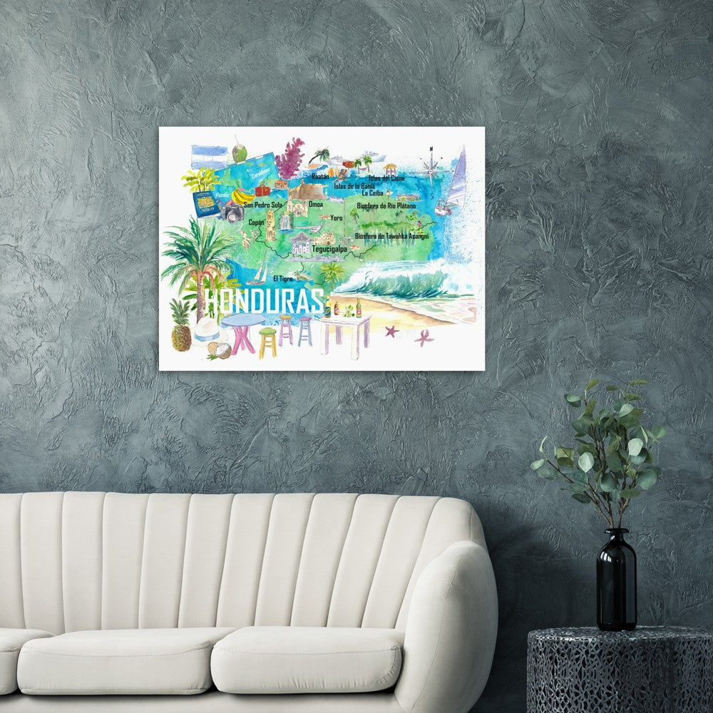 Honduras Illustrated Travel Map with Roads and Tourist Highlights