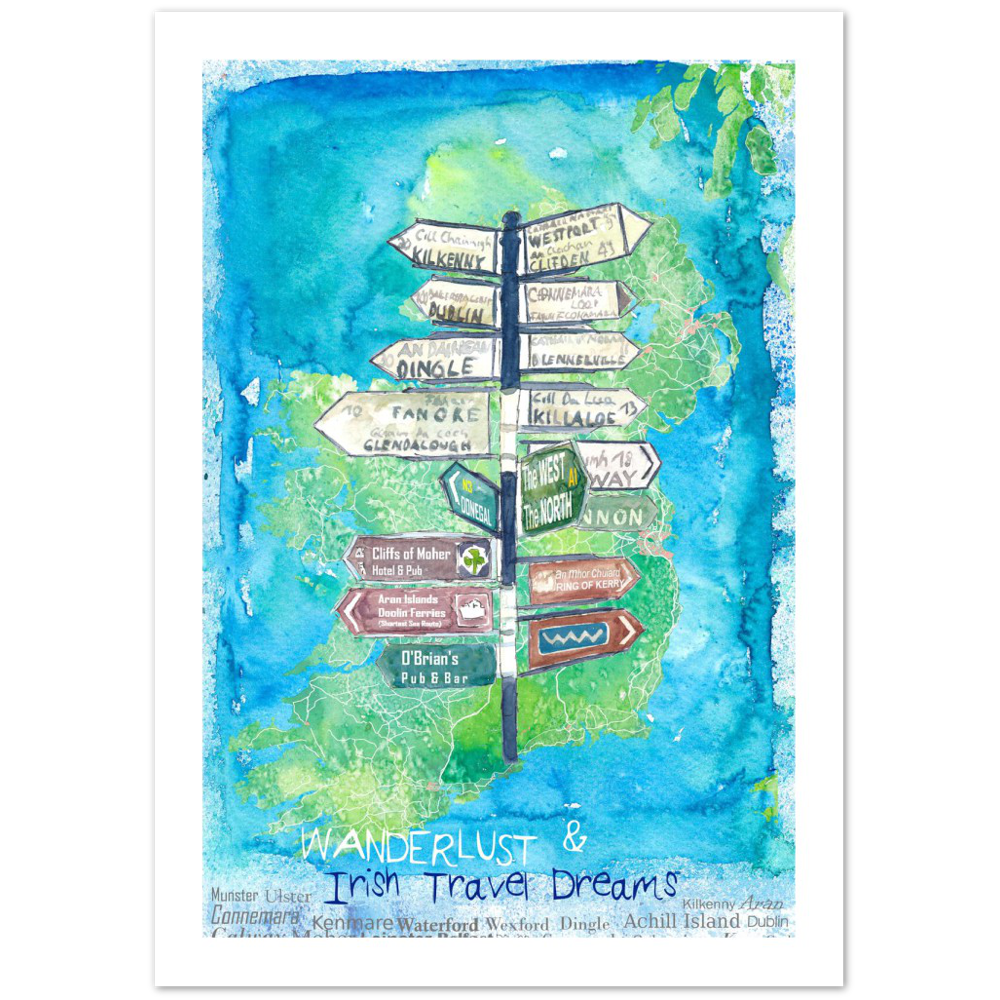 Wanderlust Signpost of Ireland with Island Background Premium Matte Paper Poster