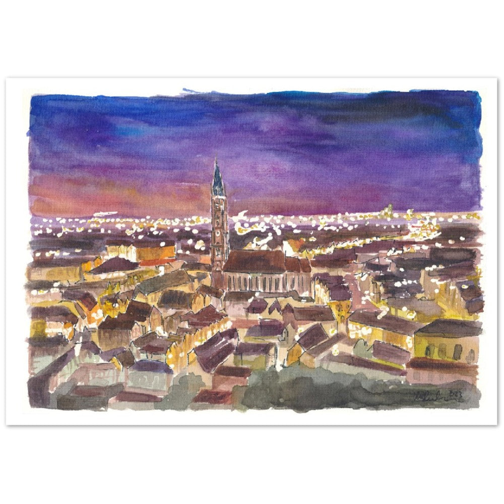 Landshut Night View of Saint Martin Basilica with City Lights - Limited Edition Fine Art Print - Original Painting available