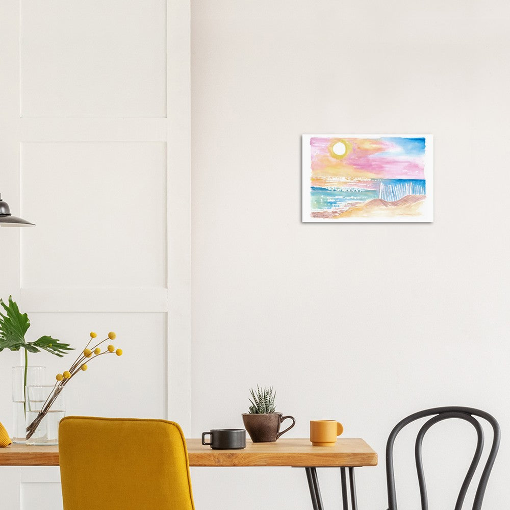 Romantic White Picket Fence on Beach with Waves and Sunset - Limited Edition Fine Art Print - Original Painting available