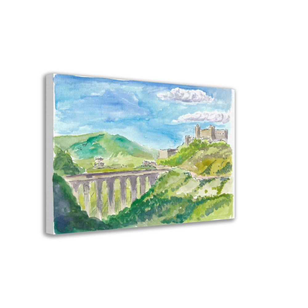 Spoleto Italy City on Apennines Mountain Range - Watercolor on Paper