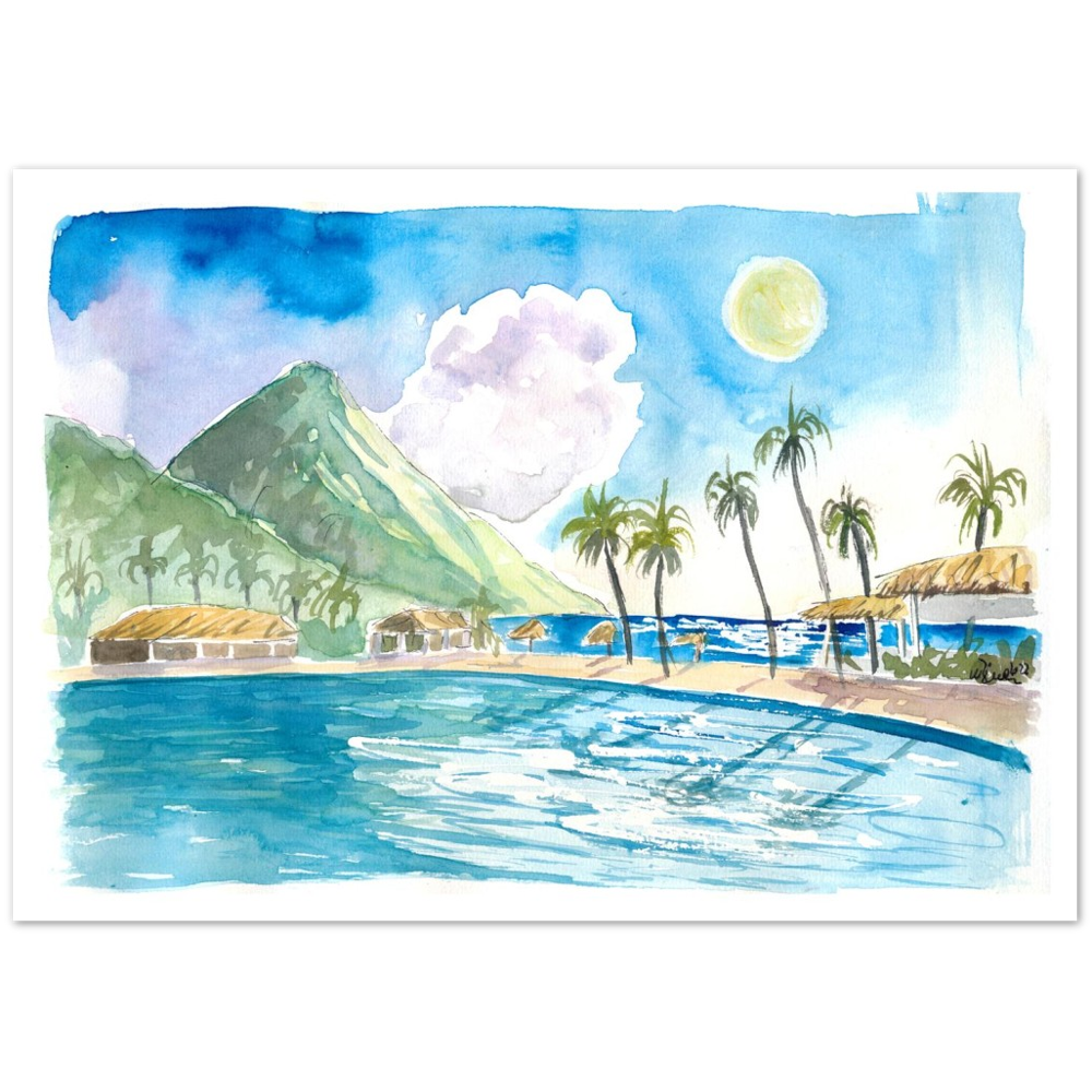 Saint Lucia Pitons and Incredible Caribbean Infinity Pool - Limited Edition Fine Art Print - Original Painting available