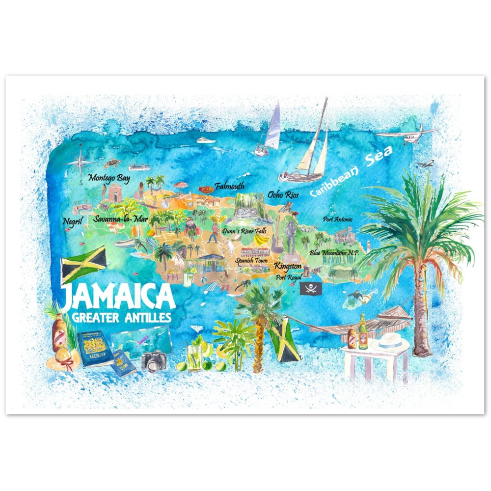 Jamaica Illustrated Travel Map with Roads and Highlights