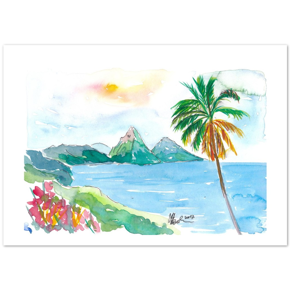 St Lucia Caribbean Dreams With Sunset and Pitons Peaks Painting & Limited Edition Fine Art Print