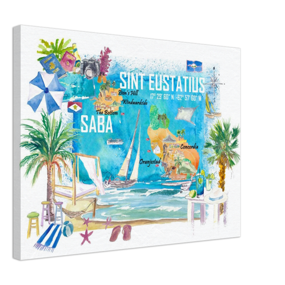 Sint Eustatius and Saba Dutch Caribbean Island Illustrated Travel Map with Tourist Highlights