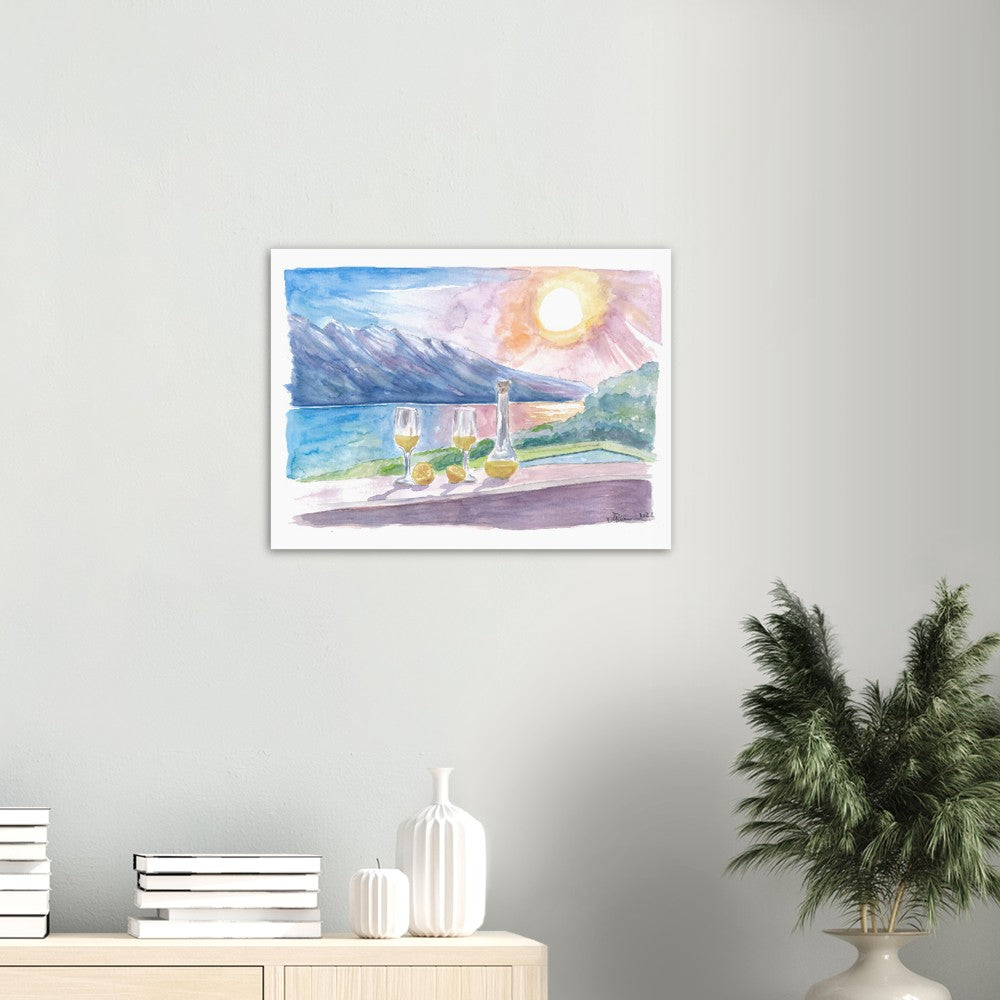 Lake Garda with Limoncello and Incredible view of Mountains and Seashore - Limited Edition Fine Art Print - Original Painting available