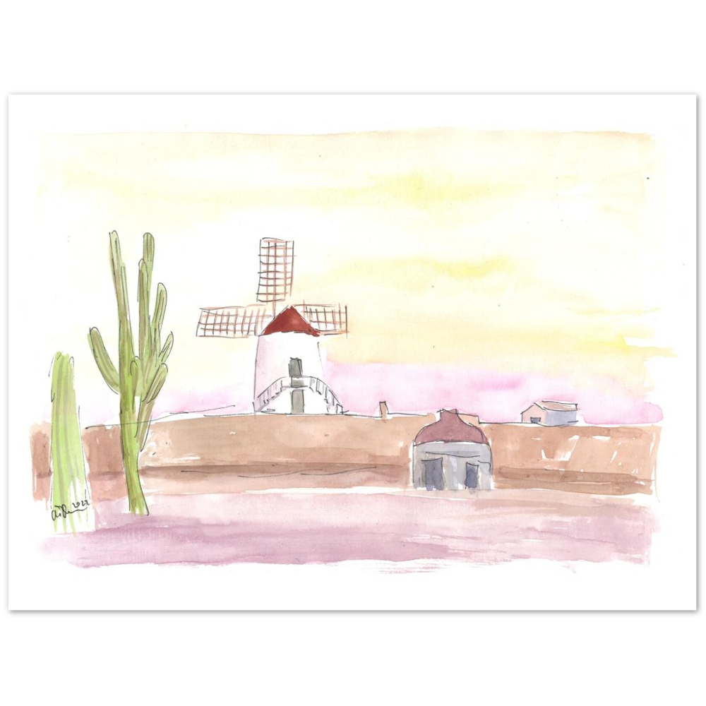 Lanzarote Canary Island Landscape with Windmill and Cacti - Limited Edition Fine Art Print - Original Painting available