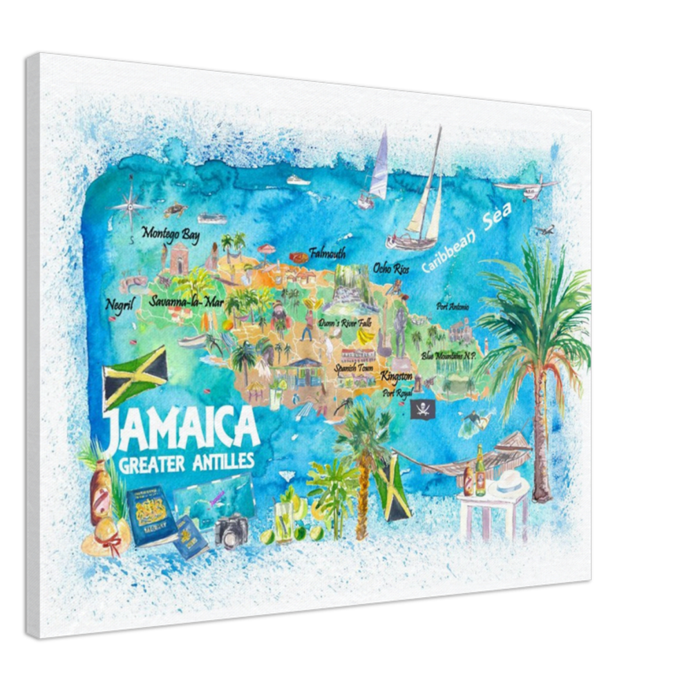 Jamaica Illustrated Travel Map with Roads and Highlights